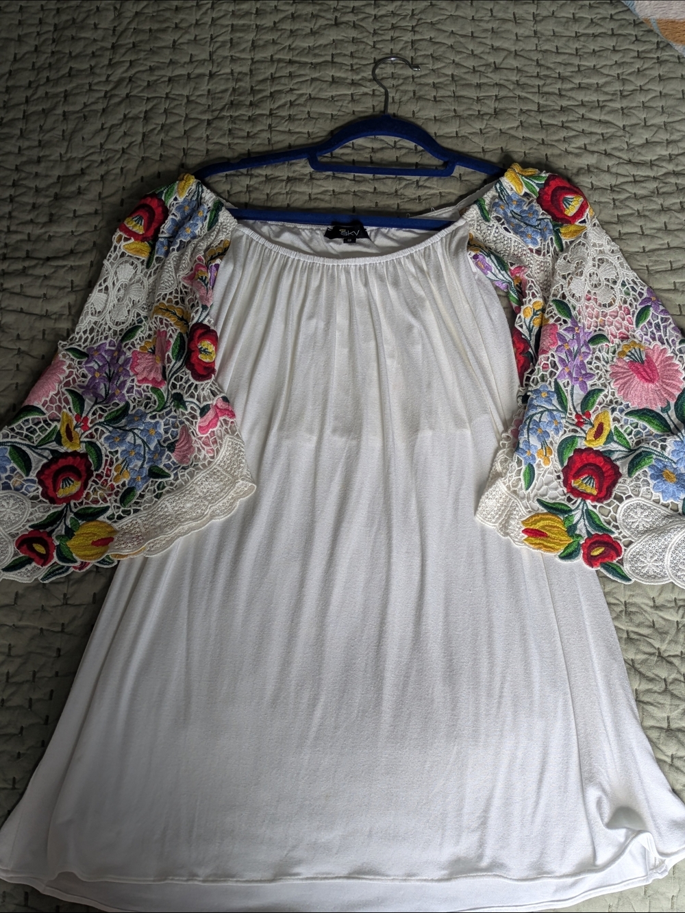 Sky Butter Soft Baby Doll Dress With Fully Hand Embroidered Floral Sleeves